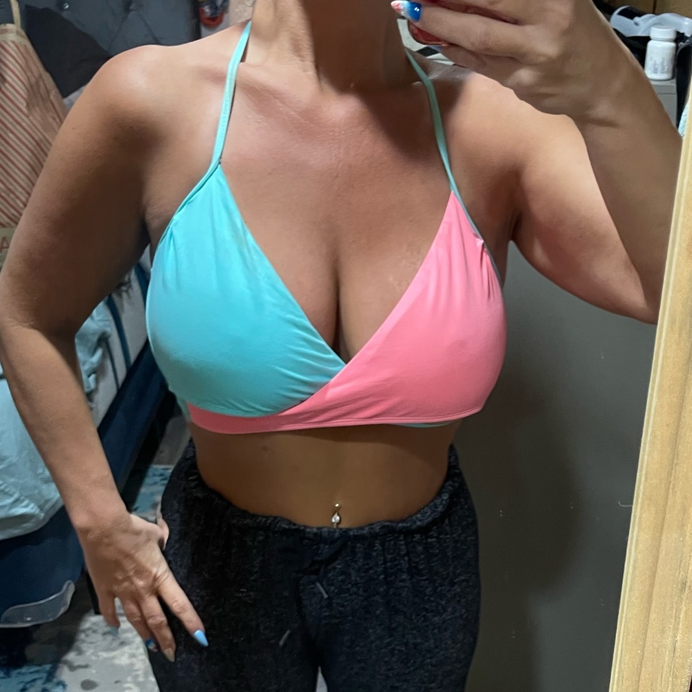 Pink and blue wraparound, bikini top